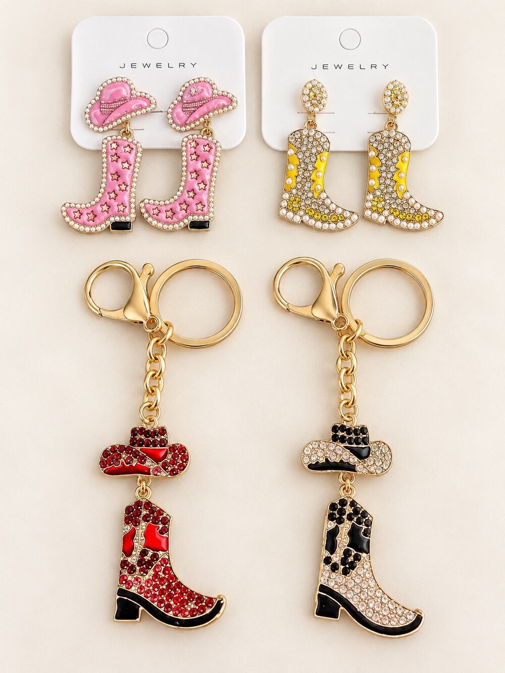 Western Cowgirl Boot Jewelry earring Bag Charm Set 4pc pink yellow gold gift